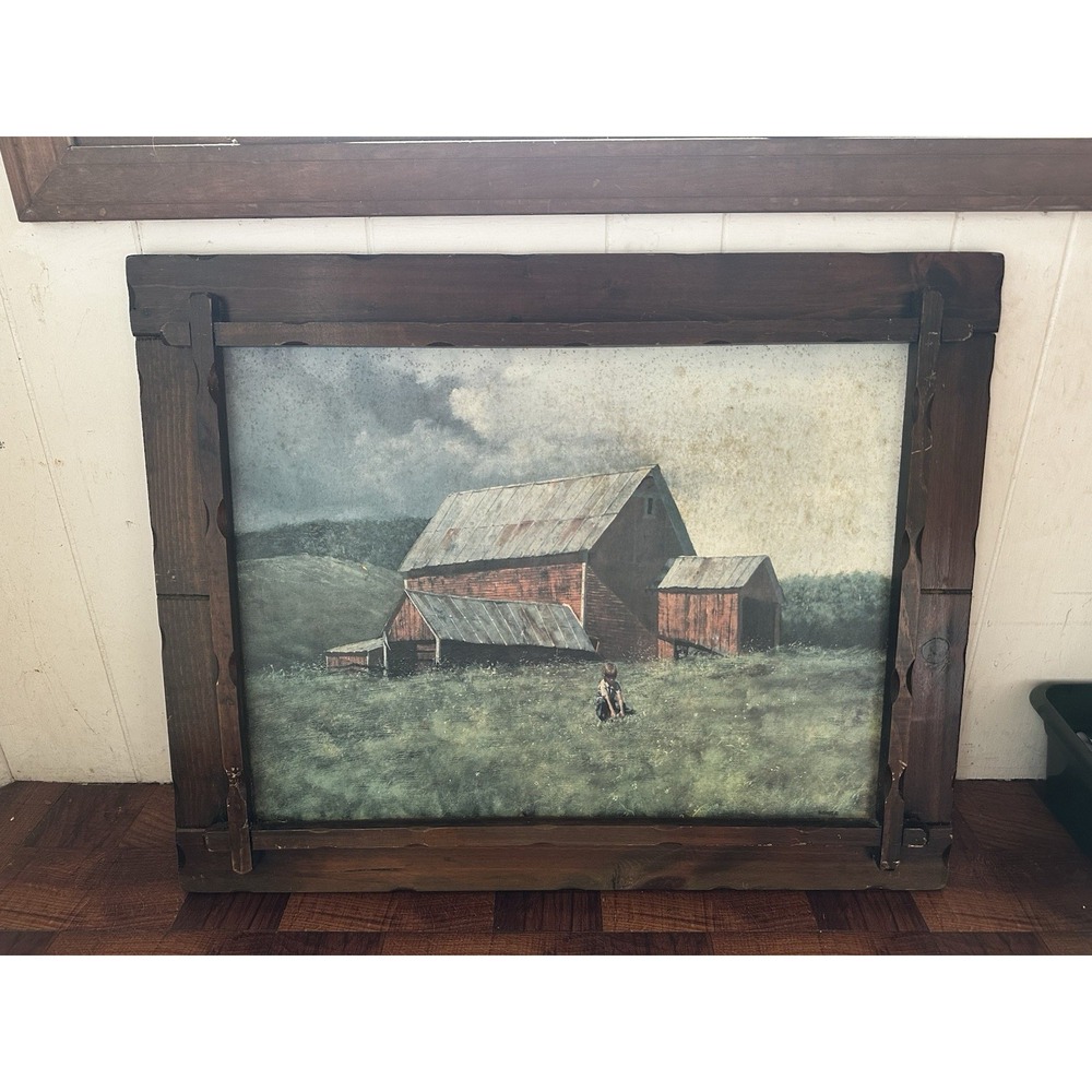 Vintage Rustic Barn Landscape Painting Framed Farmhouse Wall Art Country Signed‎